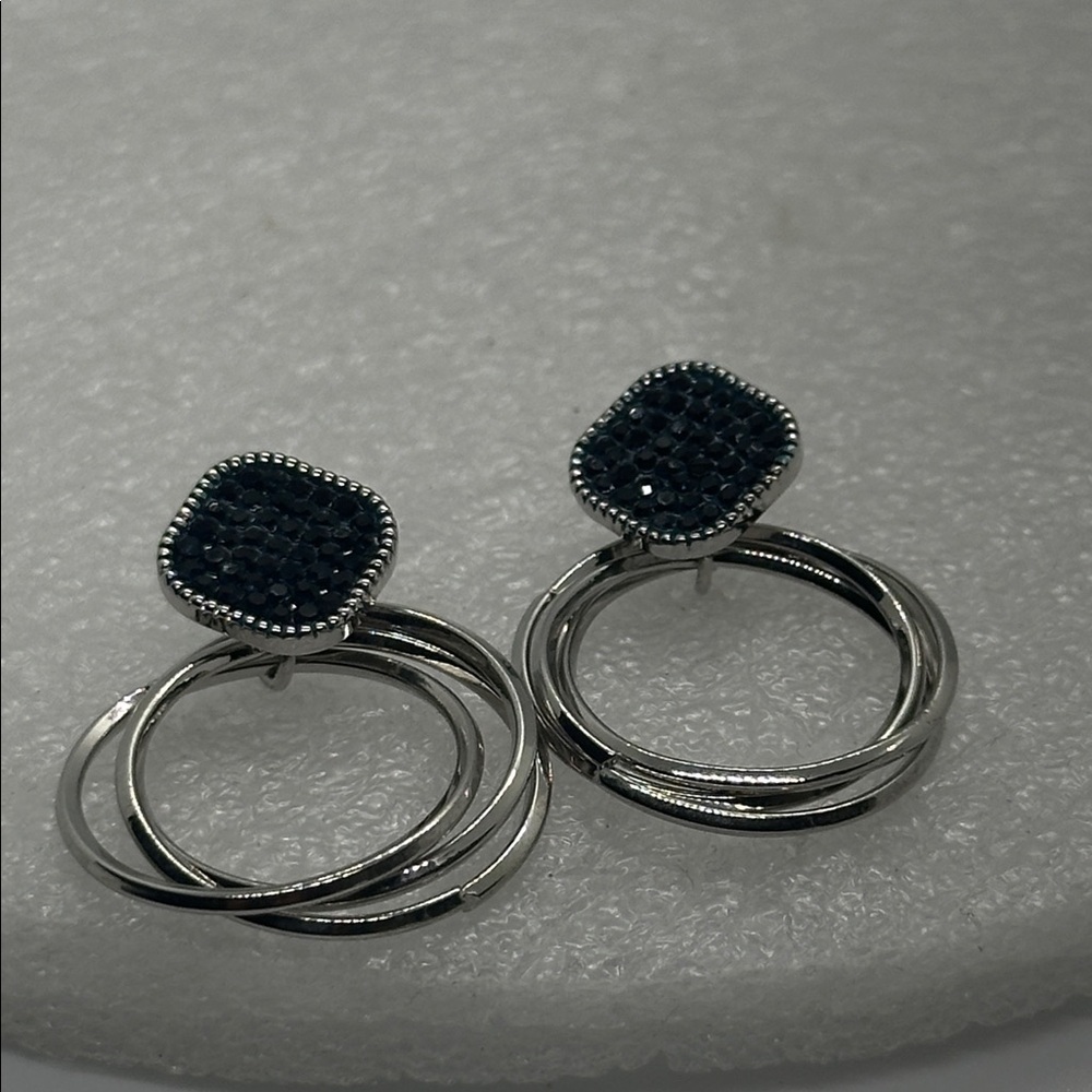 STUNNING Navy Blue Crystal Silver Dangle Hoop Earrings | Statement Jewelry | NWT - Picture 13 of 16